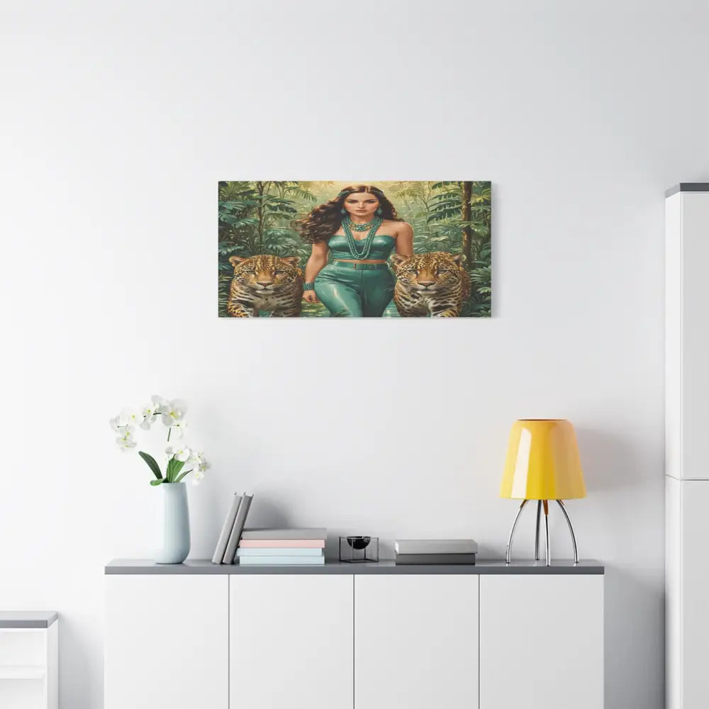 Emerald Sovereign: Woman in Jungle with Leopards High Fashion Wildlife PortraitCanvas Canvas