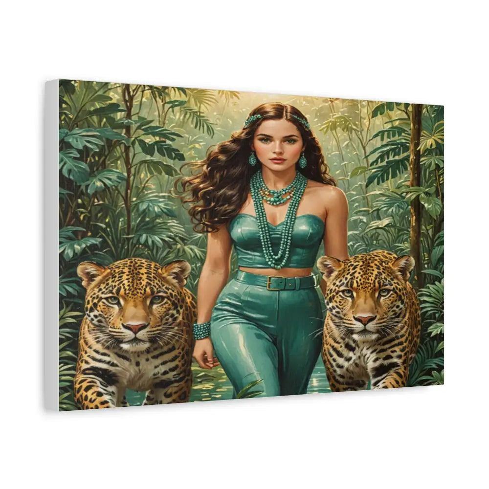 Emerald Sovereign: Woman in Jungle with Leopards High Fashion Wildlife PortraitCanvas Canvas