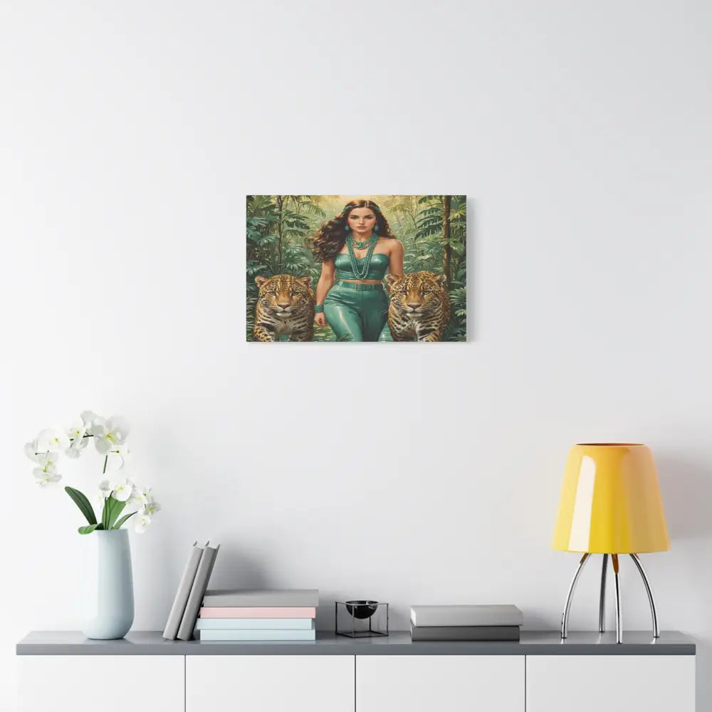 Emerald Sovereign: Woman in Jungle with Leopards High Fashion Wildlife PortraitCanvas Canvas