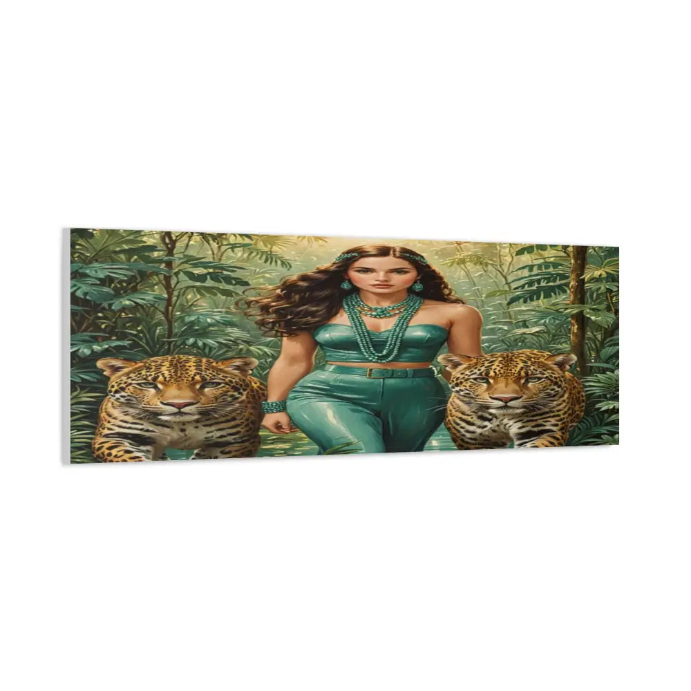 Emerald Sovereign: Woman in Jungle with Leopards High Fashion Wildlife PortraitCanvas Canvas