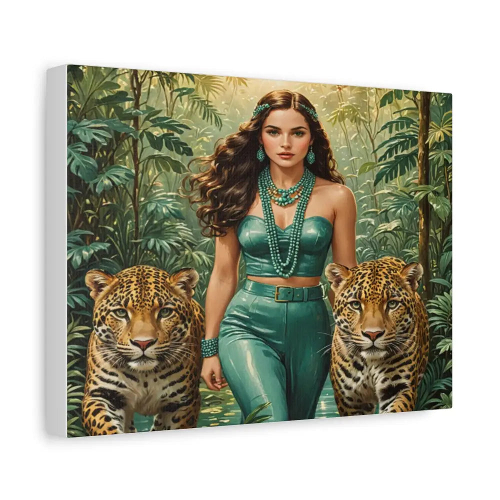 Emerald Sovereign: Woman in Jungle with Leopards High Fashion Wildlife PortraitCanvas Canvas