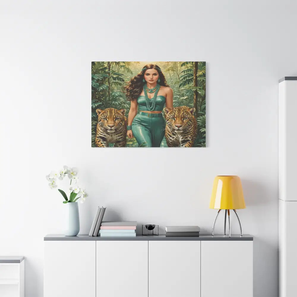 Emerald Sovereign: Woman in Jungle with Leopards High Fashion Wildlife PortraitCanvas Canvas