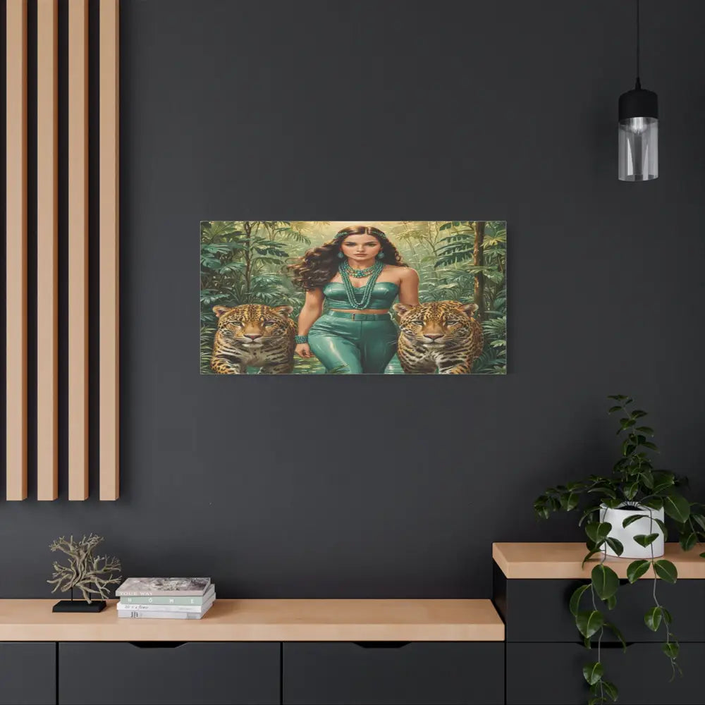 Emerald Sovereign: Woman in Jungle with Leopards High Fashion Wildlife PortraitCanvas Canvas