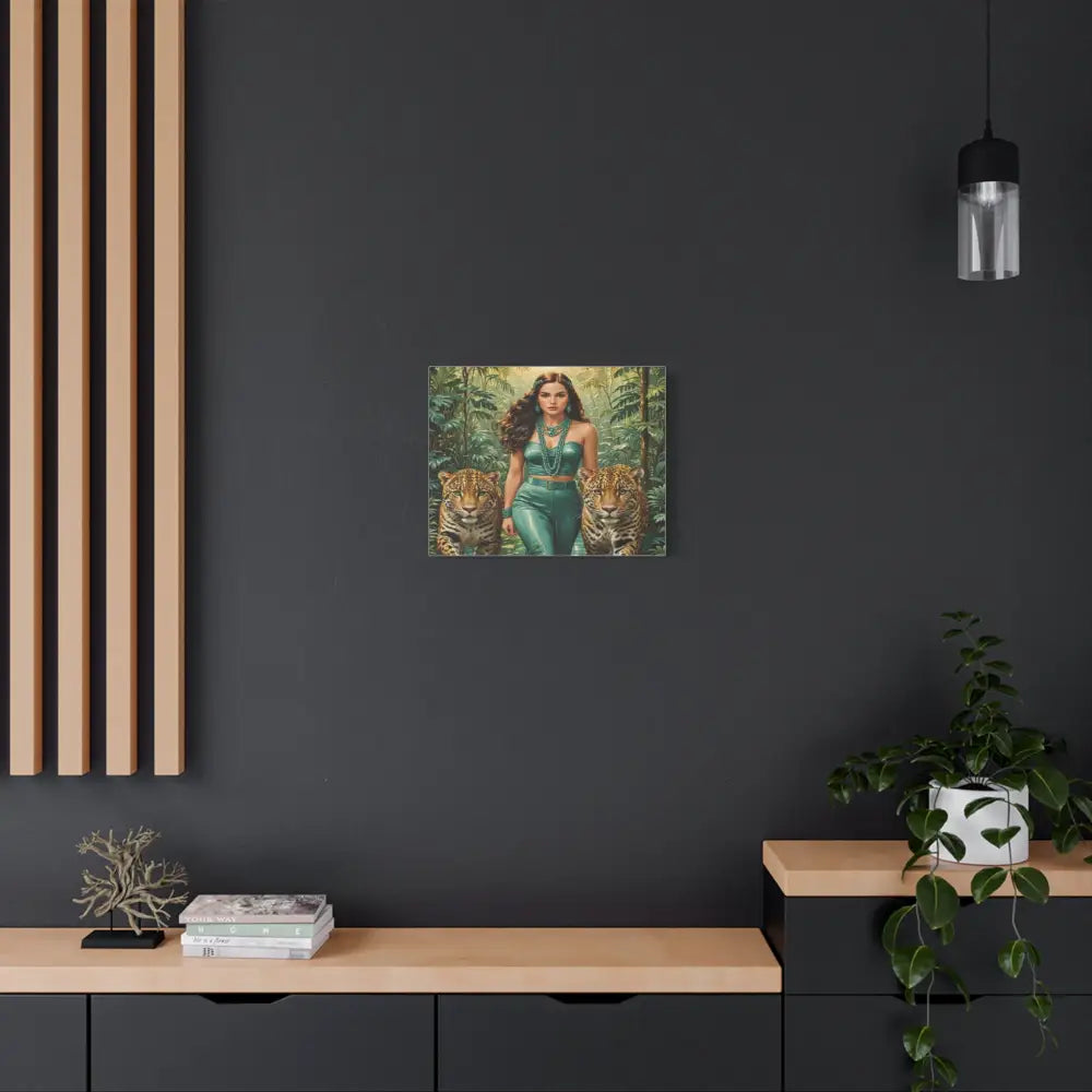 Emerald Sovereign: Woman in Jungle with Leopards High Fashion Wildlife PortraitCanvas Canvas