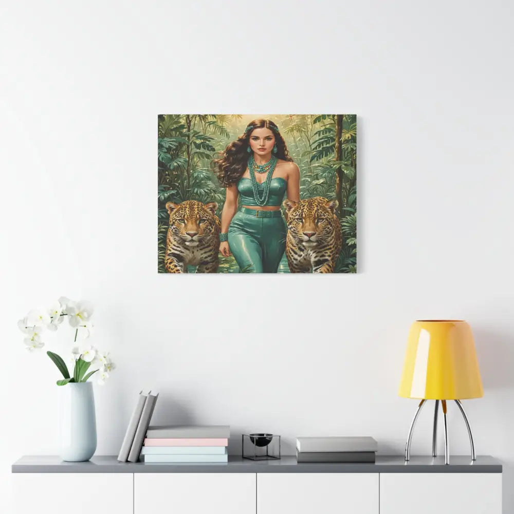 Emerald Sovereign: Woman in Jungle with Leopards High Fashion Wildlife PortraitCanvas Canvas