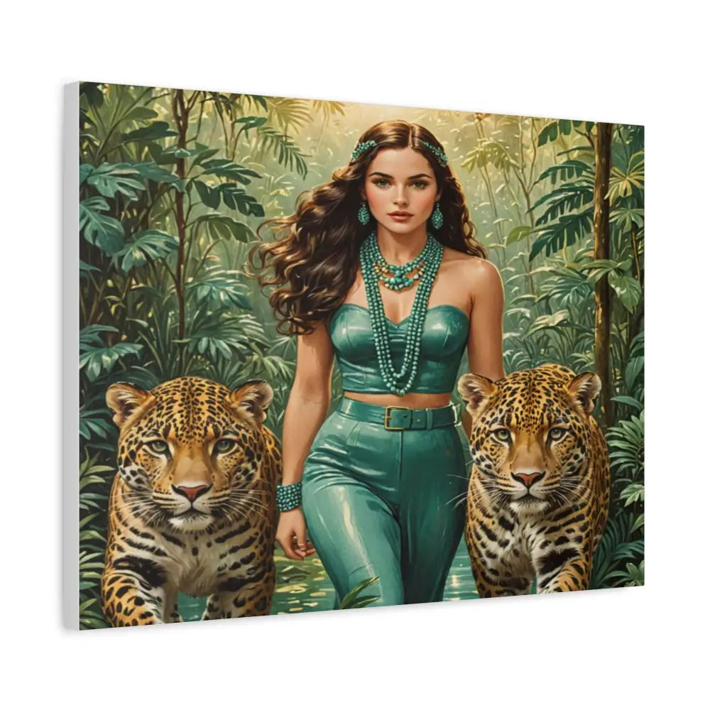 Emerald Sovereign: Woman in Jungle with Leopards High Fashion Wildlife PortraitCanvas Canvas