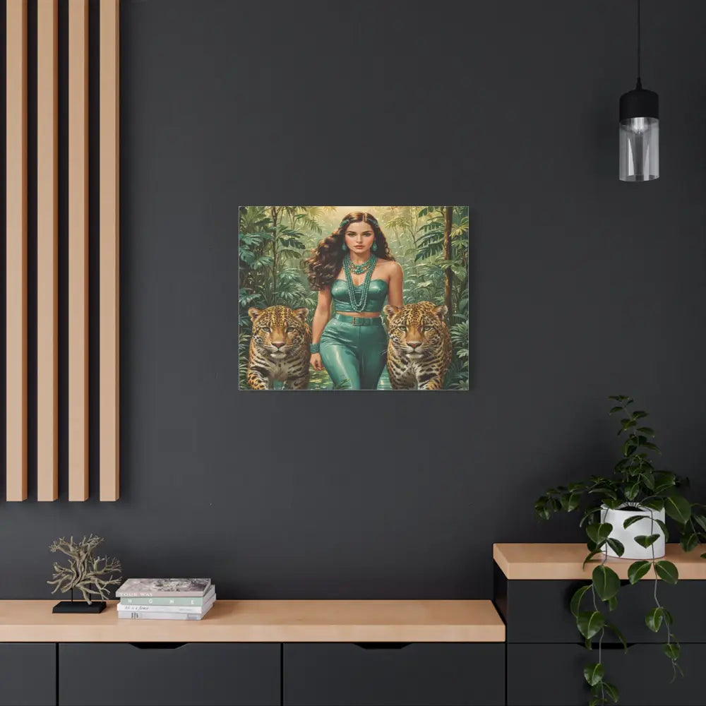 Emerald Sovereign: Woman in Jungle with Leopards High Fashion Wildlife PortraitCanvas Canvas