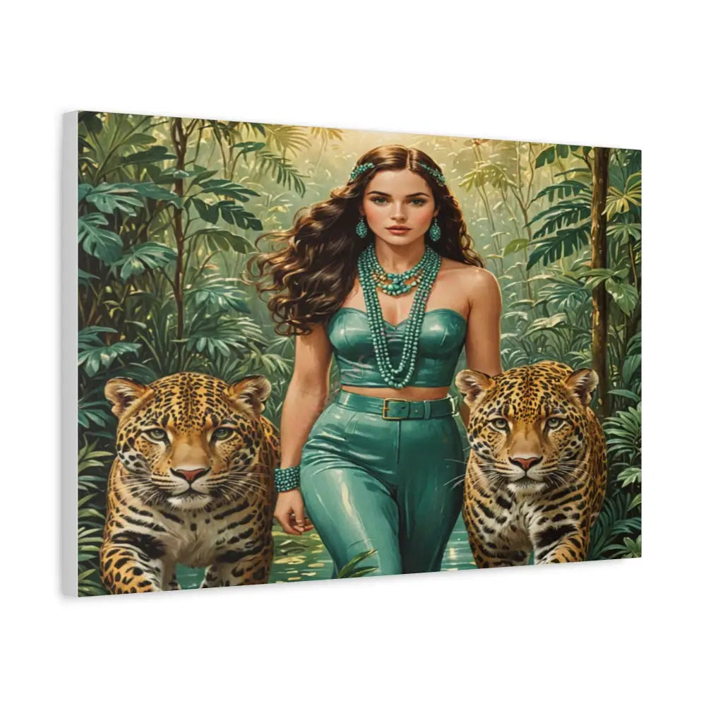 Emerald Sovereign: Woman in Jungle with Leopards High Fashion Wildlife PortraitCanvas Canvas