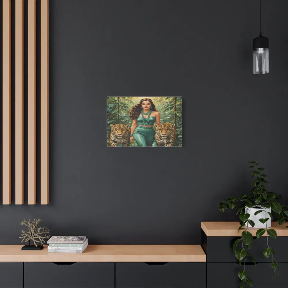 Emerald Sovereign: Woman in Jungle with Leopards High Fashion Wildlife PortraitCanvas Canvas