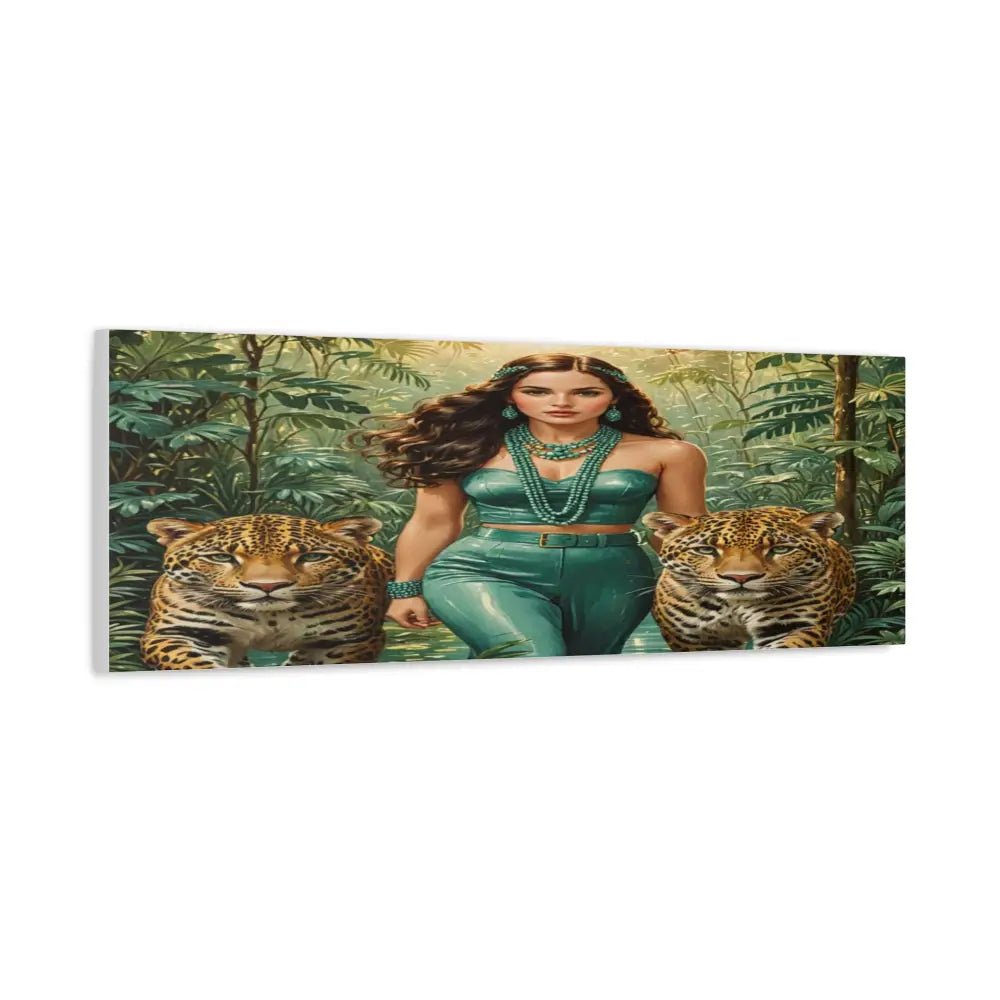 Emerald Sovereign: Woman in Jungle with Leopards High Fashion Wildlife PortraitCanvas Canvas