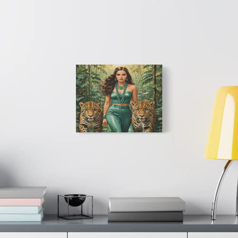 Emerald Sovereign: Woman in Jungle with Leopards High Fashion Wildlife PortraitCanvas Canvas