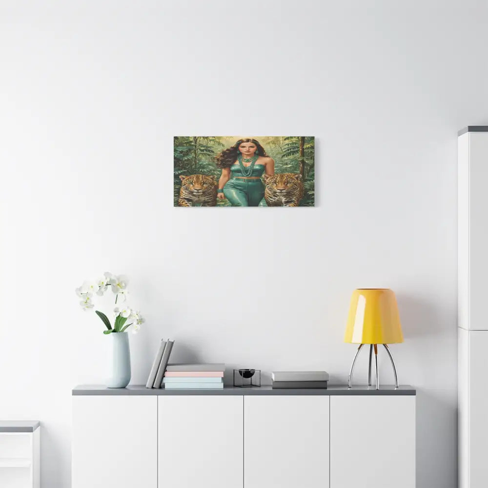 Emerald Sovereign: Woman in Jungle with Leopards High Fashion Wildlife PortraitCanvas Canvas