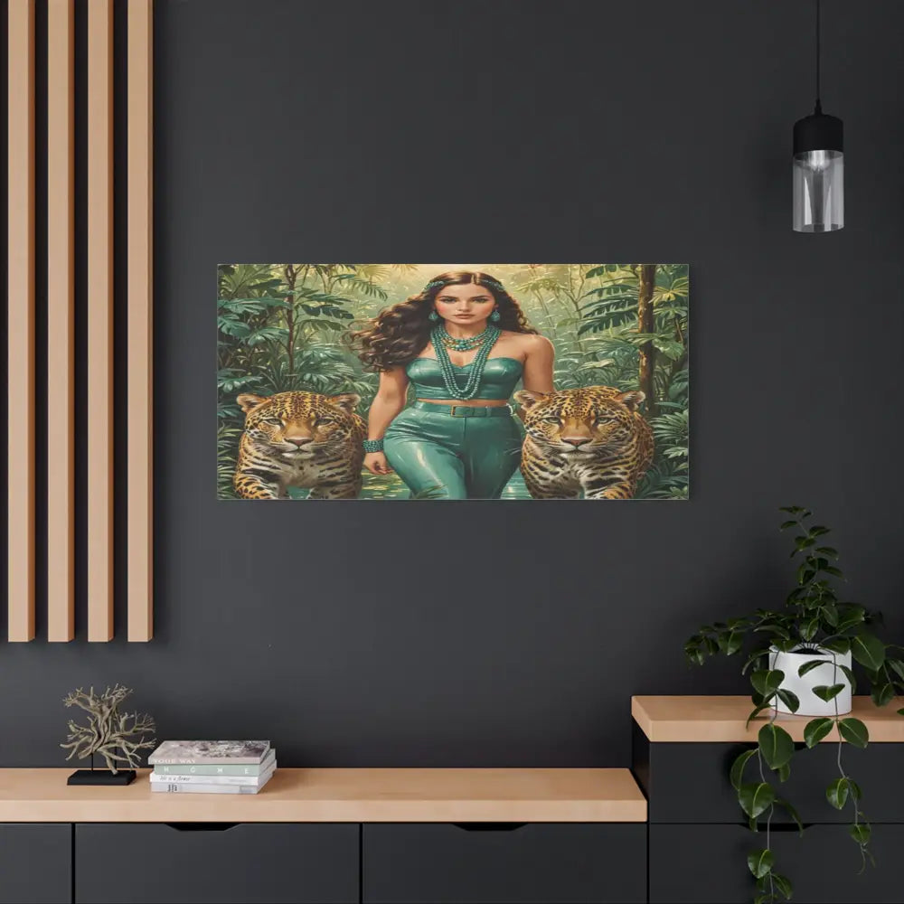 Emerald Sovereign: Woman in Jungle with Leopards High Fashion Wildlife PortraitCanvas Canvas