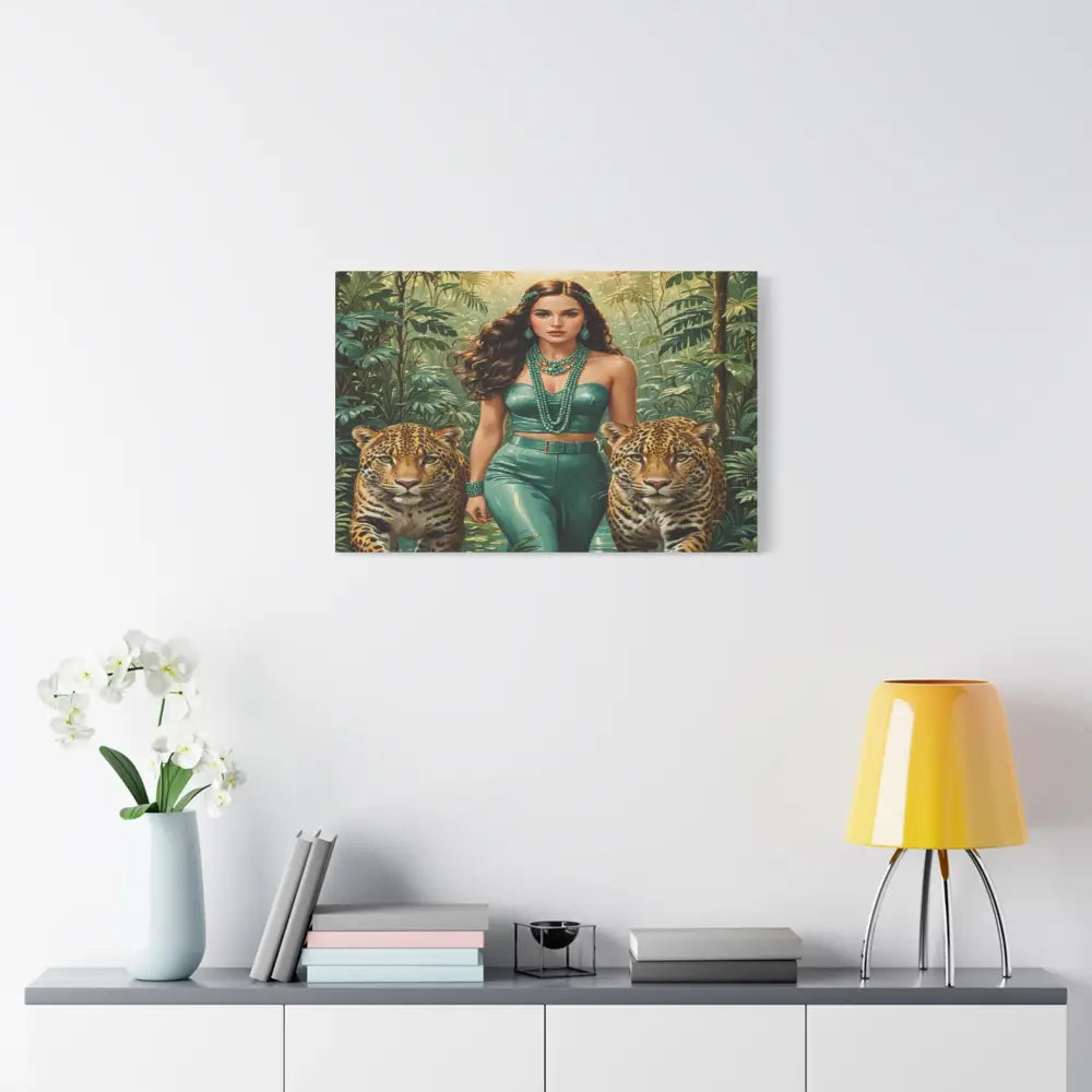 Emerald Sovereign: Woman in Jungle with Leopards High Fashion Wildlife PortraitCanvas Canvas