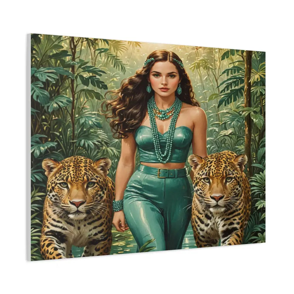 Emerald Sovereign: Woman in Jungle with Leopards High Fashion Wildlife PortraitCanvas Canvas