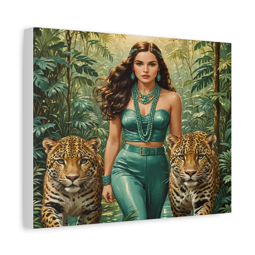 Emerald Sovereign: Woman in Jungle with Leopards High Fashion Wildlife PortraitCanvas Canvas