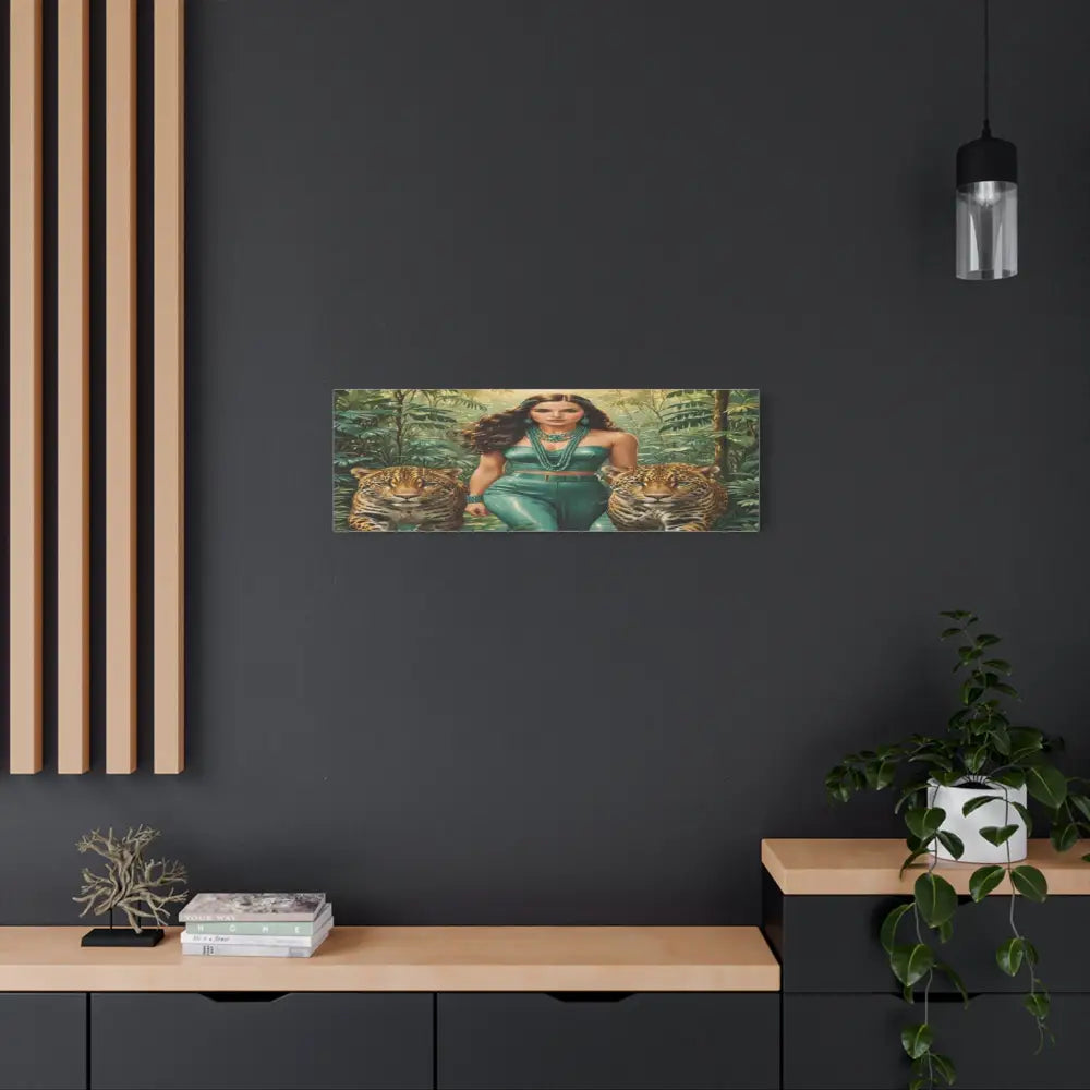 Emerald Sovereign: Woman in Jungle with Leopards High Fashion Wildlife PortraitCanvas Canvas