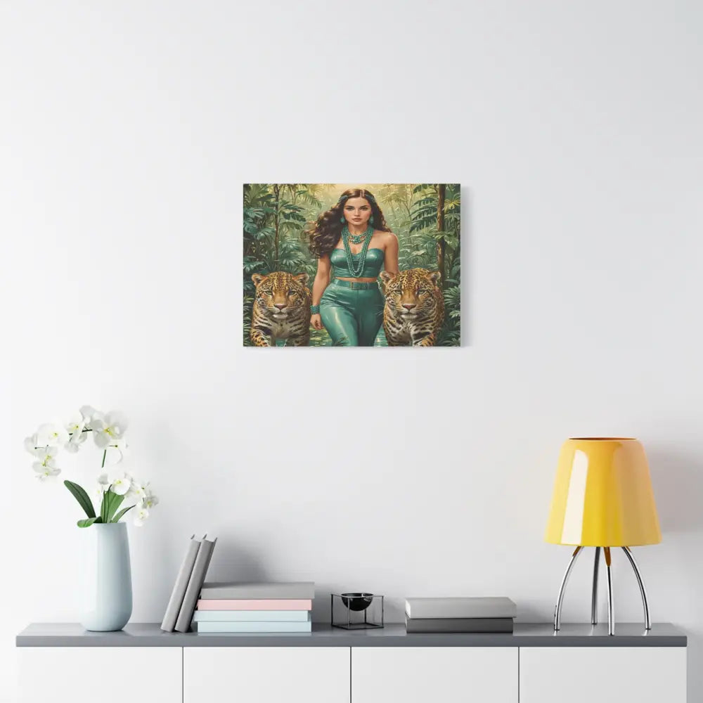 Emerald Sovereign: Woman in Jungle with Leopards High Fashion Wildlife PortraitCanvas Canvas