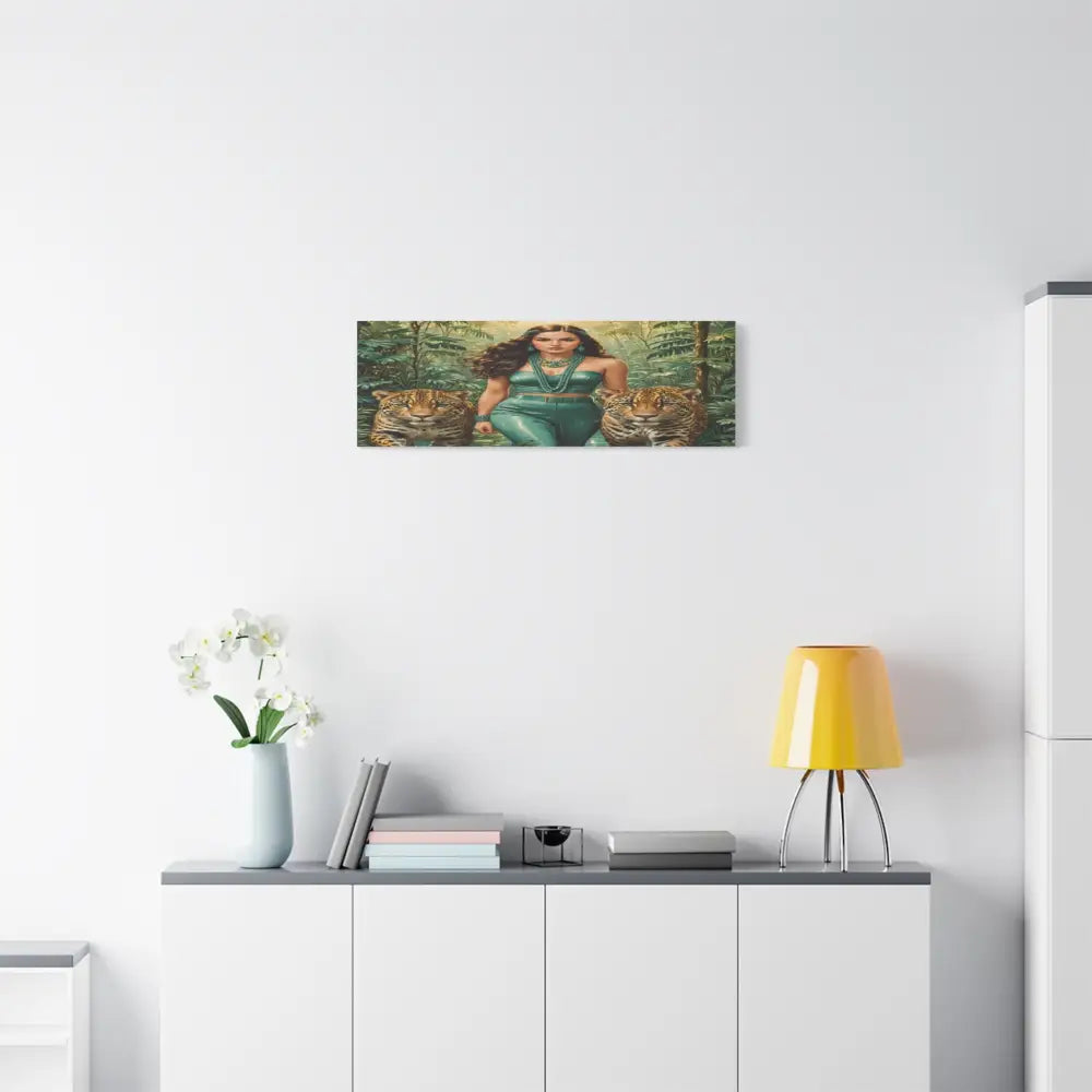 Emerald Sovereign: Woman in Jungle with Leopards High Fashion Wildlife PortraitCanvas Canvas