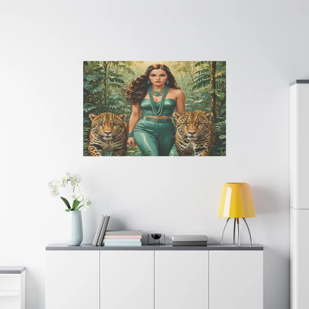 Emerald Sovereign: Woman in Jungle with Leopards High Fashion Wildlife PortraitCanvas Canvas