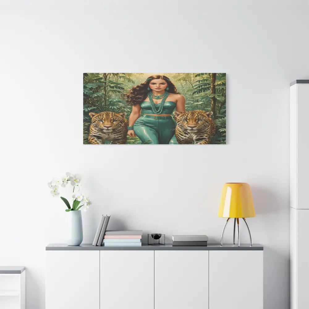 Emerald Sovereign: Woman in Jungle with Leopards High Fashion Wildlife PortraitCanvas Canvas