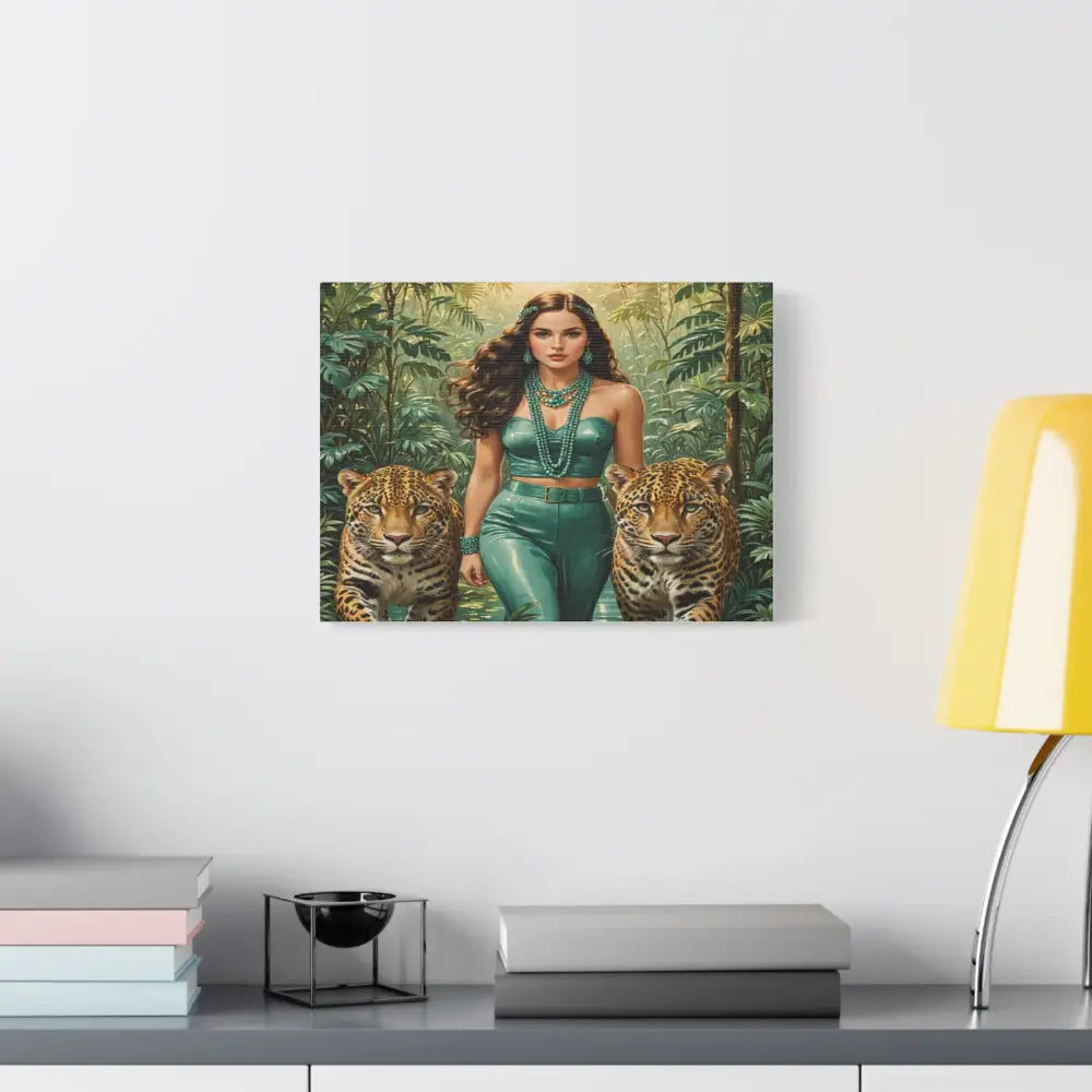Emerald Sovereign: Woman in Jungle with Leopards High Fashion Wildlife PortraitCanvas Canvas