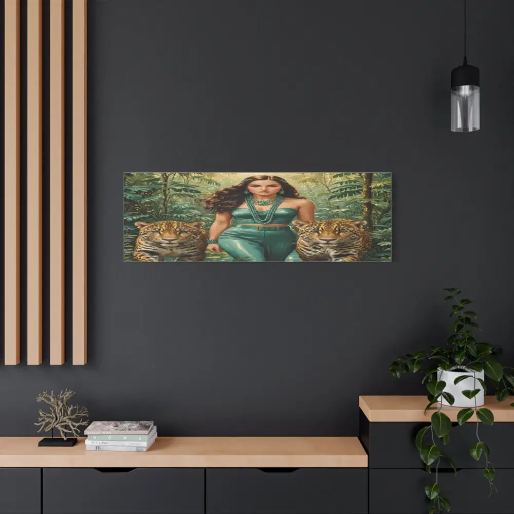 Emerald Sovereign: Woman in Jungle with Leopards High Fashion Wildlife PortraitCanvas Canvas