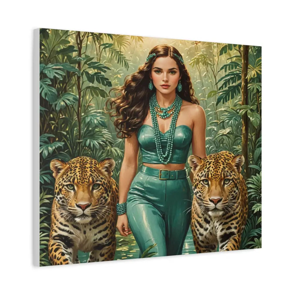 Emerald Sovereign: Woman in Jungle with Leopards High Fashion Wildlife PortraitCanvas Canvas