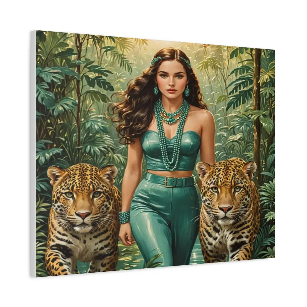 Emerald Sovereign: Woman in Jungle with Leopards High Fashion Wildlife PortraitCanvas Canvas