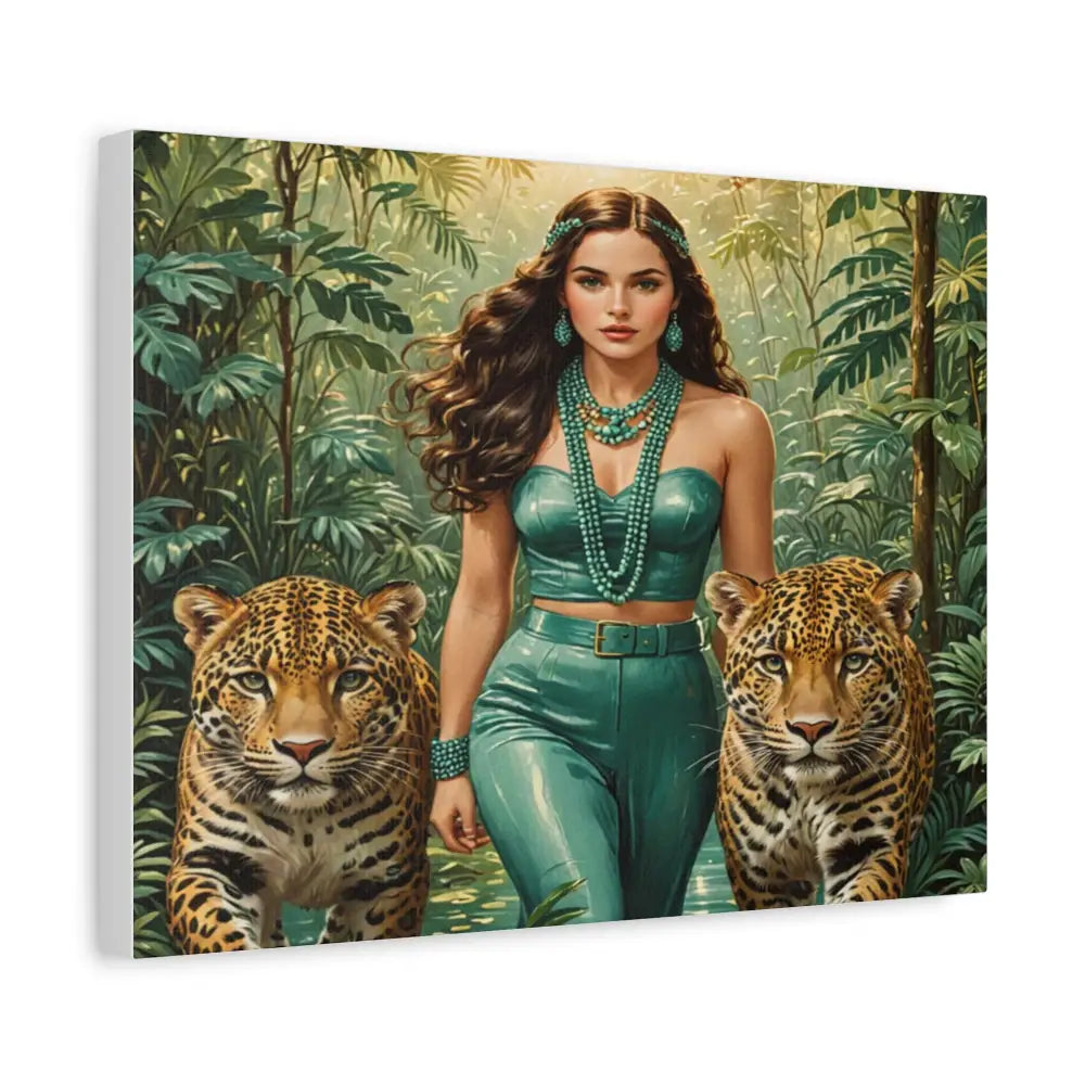 Emerald Sovereign: Woman in Jungle with Leopards High Fashion Wildlife PortraitCanvas Canvas