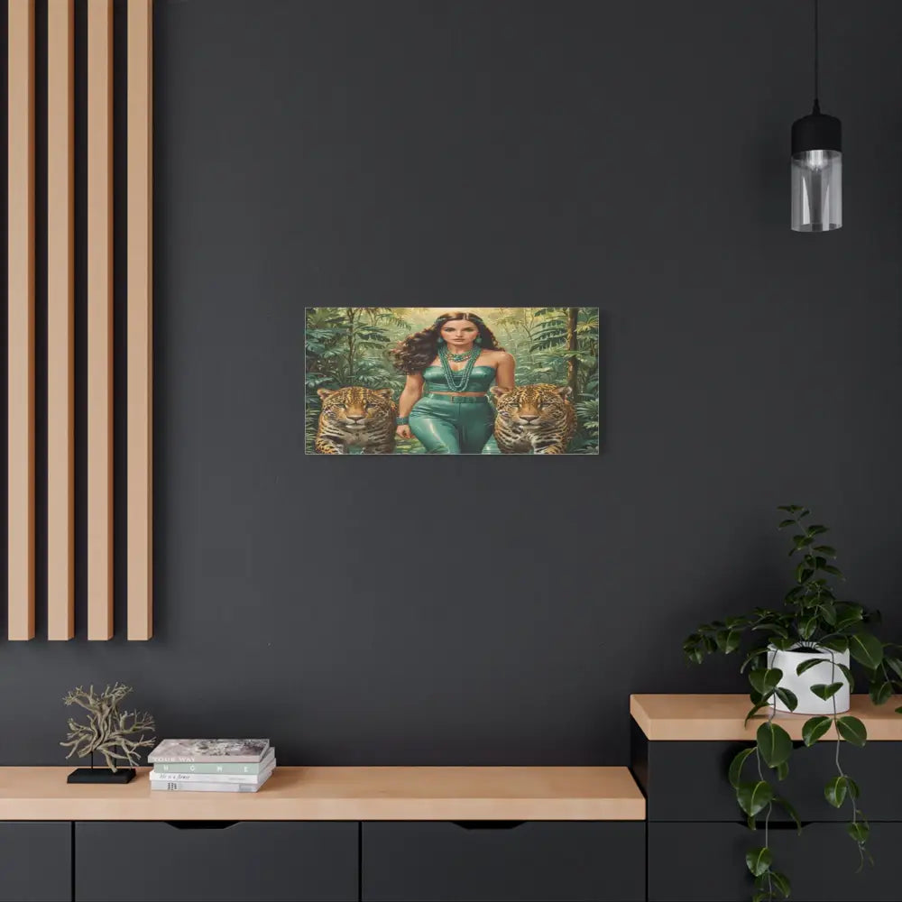 Emerald Sovereign: Woman in Jungle with Leopards High Fashion Wildlife PortraitCanvas Canvas