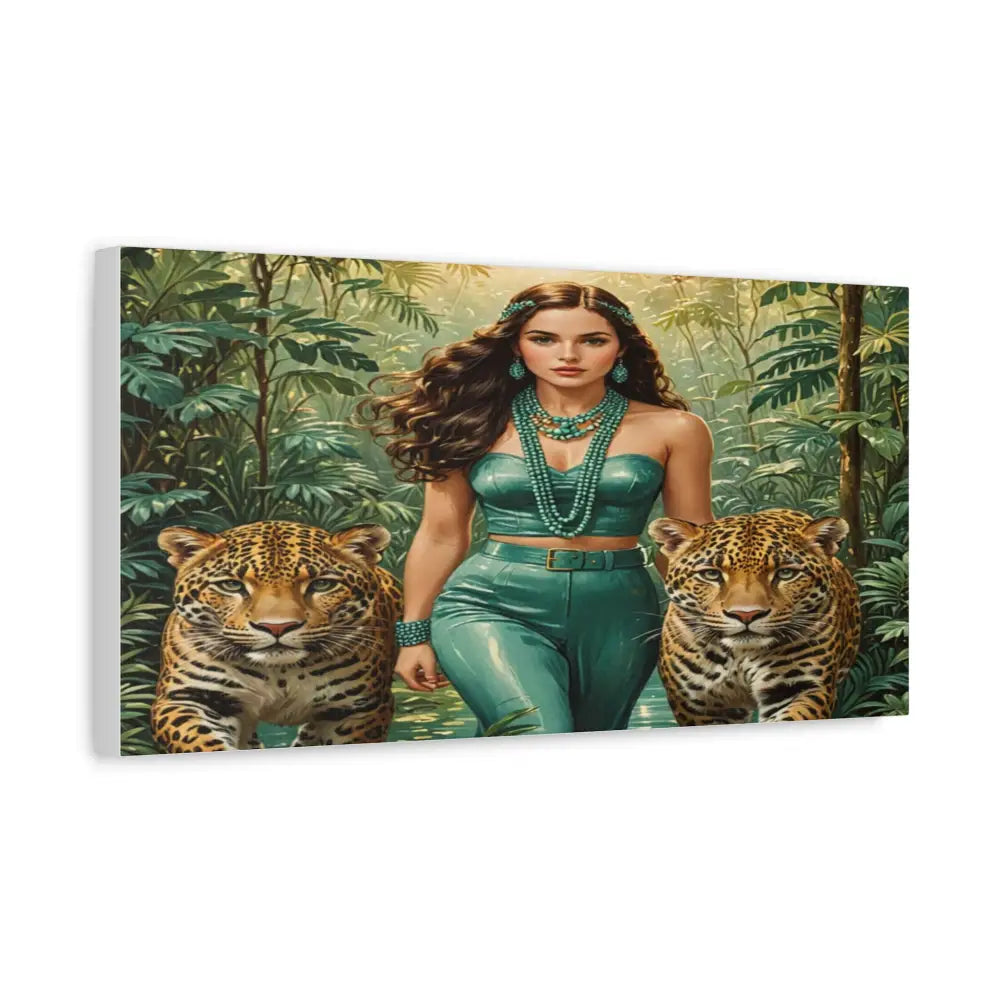 Emerald Sovereign: Woman in Jungle with Leopards High Fashion Wildlife PortraitCanvas Canvas