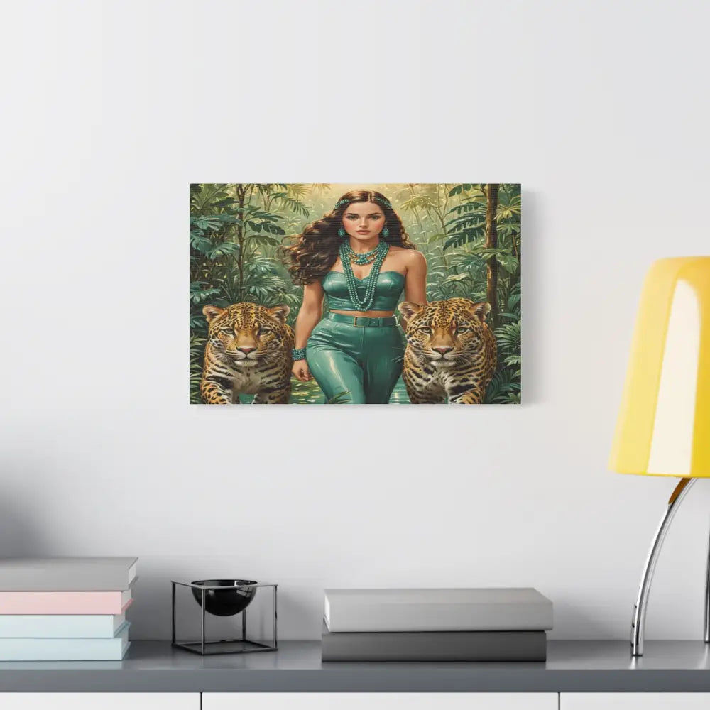 Emerald Sovereign: Woman in Jungle with Leopards High Fashion Wildlife PortraitCanvas Canvas