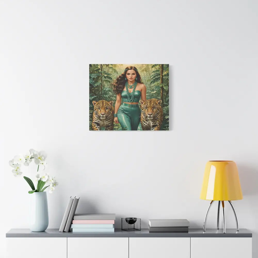 Emerald Sovereign: Woman in Jungle with Leopards High Fashion Wildlife PortraitCanvas Canvas