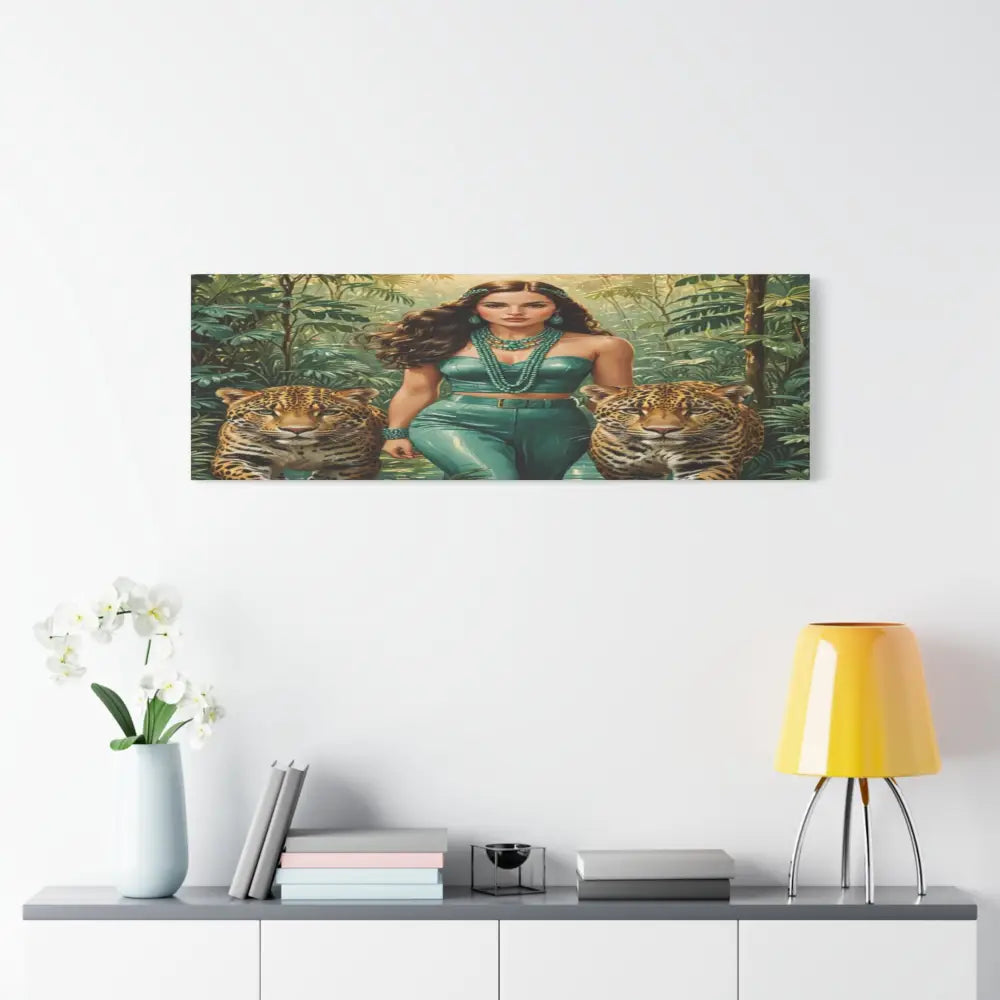 Emerald Sovereign: Woman in Jungle with Leopards High Fashion Wildlife PortraitCanvas Canvas