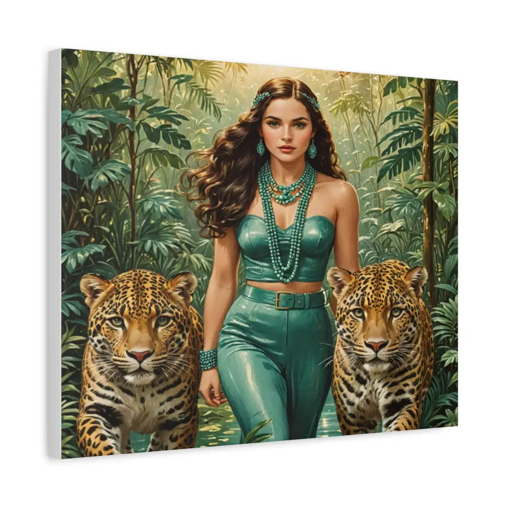 Emerald Sovereign: Woman in Jungle with Leopards High Fashion Wildlife PortraitCanvas Canvas