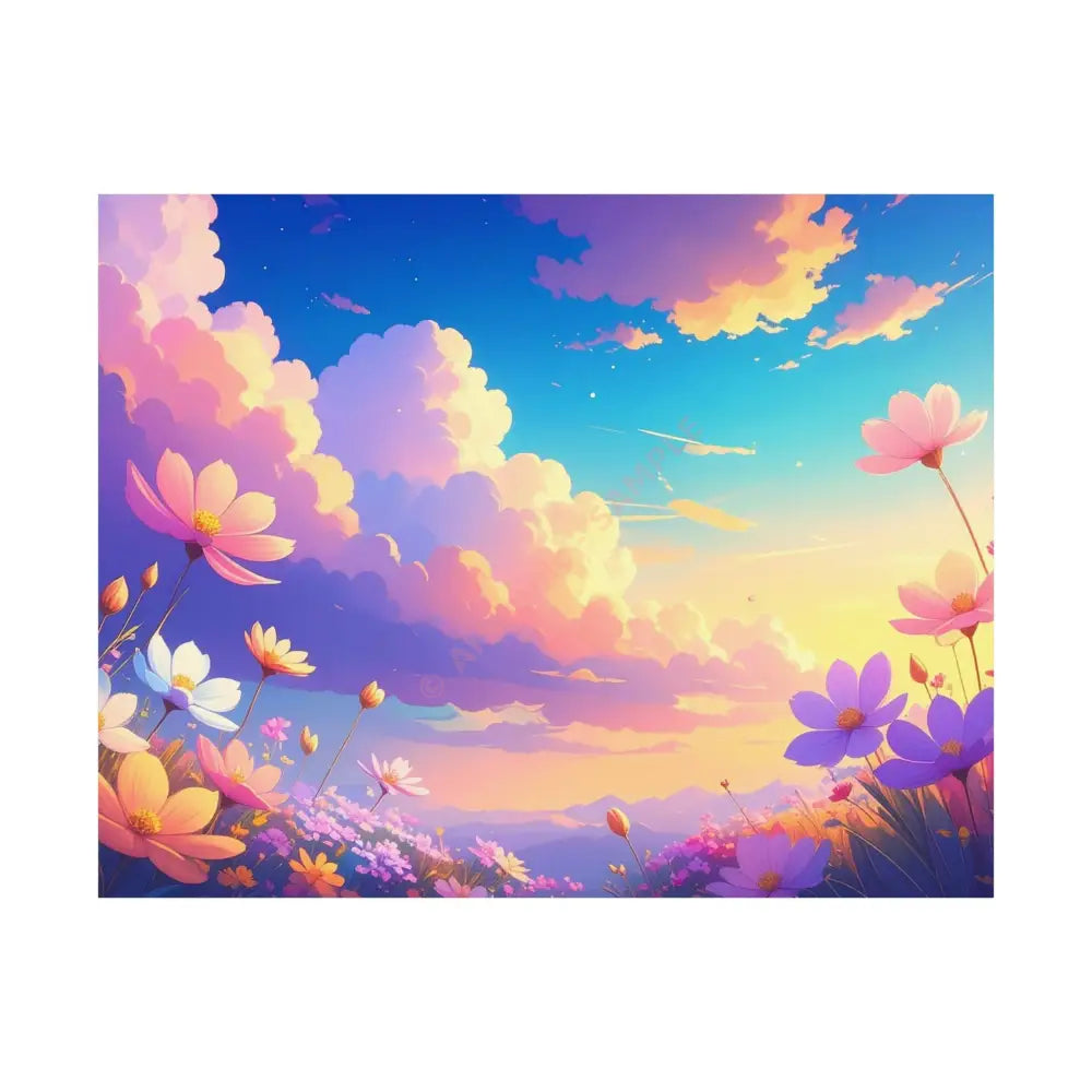 Ethereal Summer Sunset: Cosmos Flower Landscape Digital Painterly Illustration Poster 14″ x 11″ Poster
