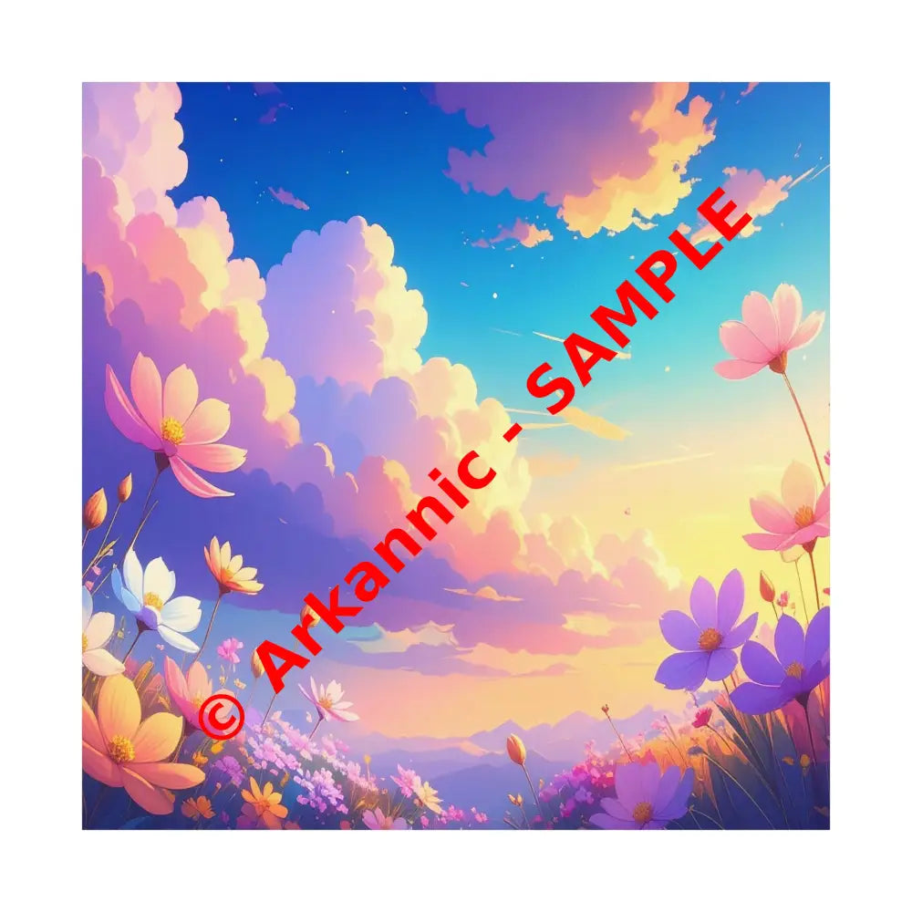 Ethereal Summer Sunset: Cosmos Flower Landscape Digital Painterly Illustration Poster 14’’ x 14’’ Poster