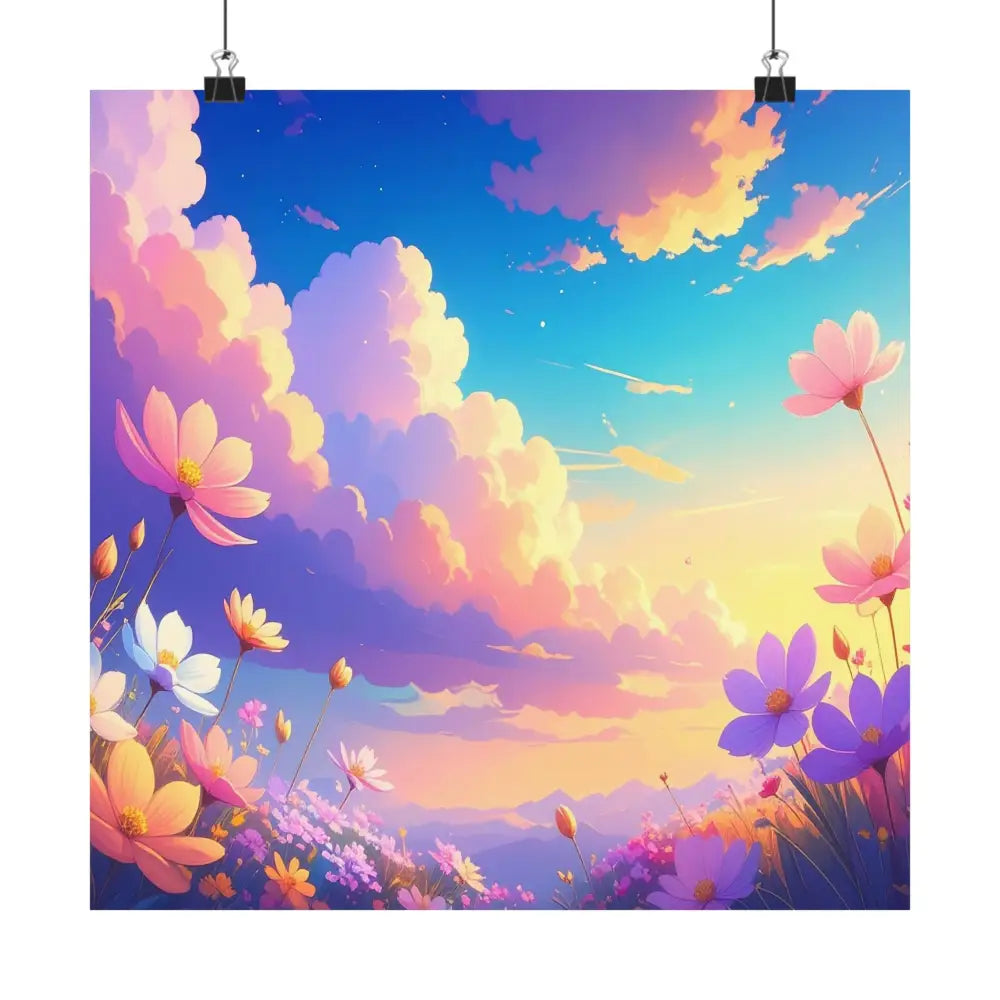 Ethereal Summer Sunset: Cosmos Flower Landscape Digital Painterly Illustration Poster Poster