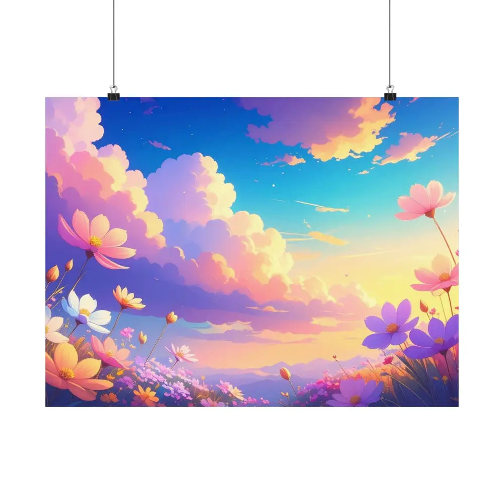 Ethereal Summer Sunset: Cosmos Flower Landscape Digital Painterly Illustration Poster Poster
