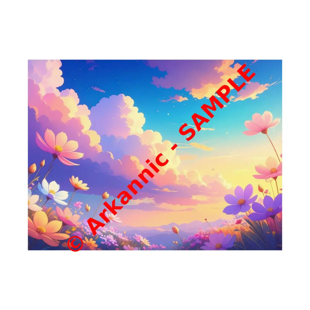 Ethereal Summer Sunset: Cosmos Flower Landscape Digital Painterly Illustration Poster 24″ x 18″ Poster