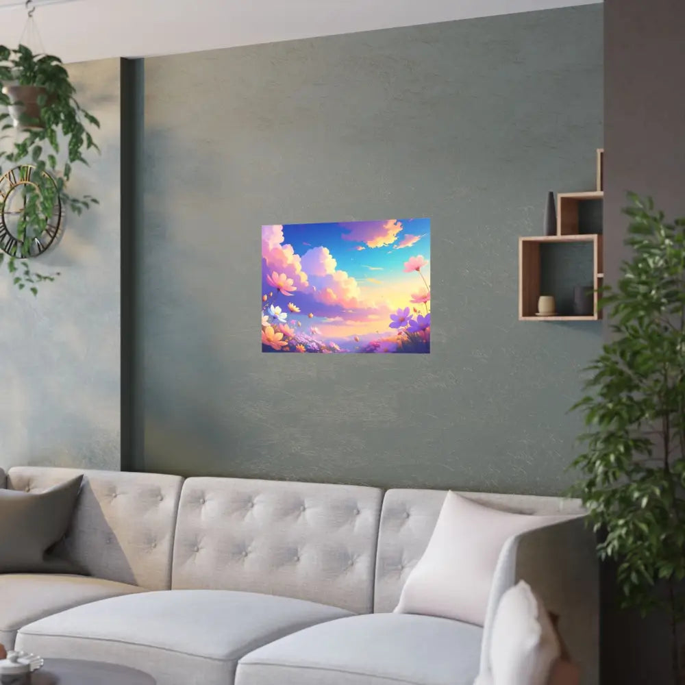 Ethereal Summer Sunset: Cosmos Flower Landscape Digital Painterly Illustration Poster Poster