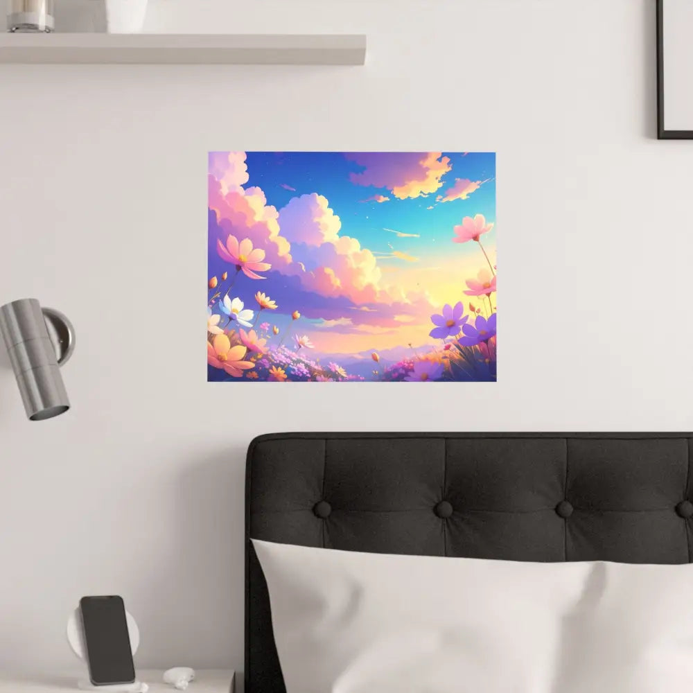 Ethereal Summer Sunset: Cosmos Flower Landscape Digital Painterly Illustration Poster Poster
