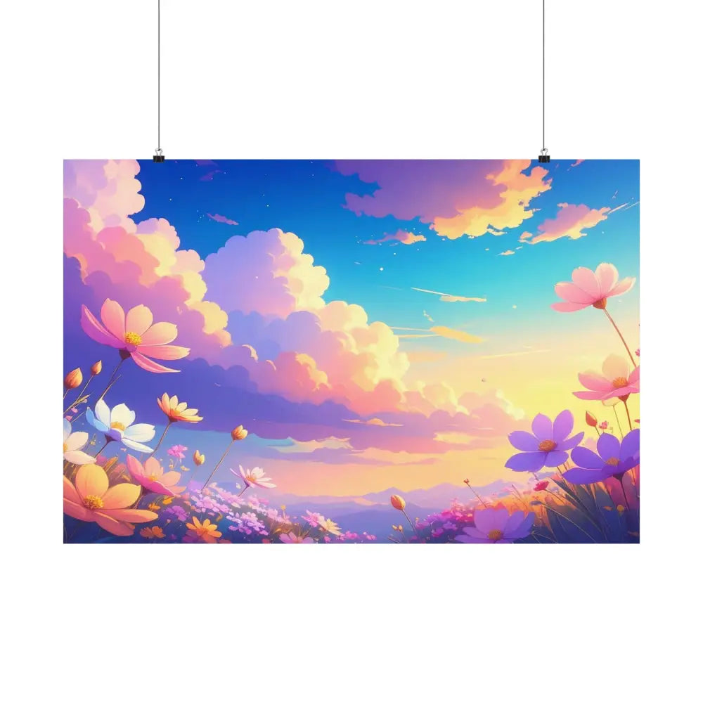 Ethereal Summer Sunset: Cosmos Flower Landscape Digital Painterly Illustration Poster Poster