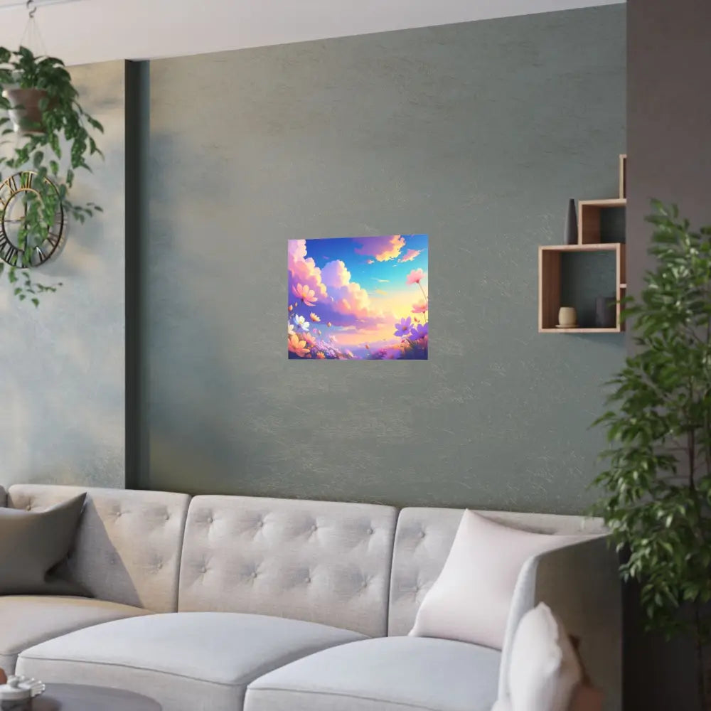 Ethereal Summer Sunset: Cosmos Flower Landscape Digital Painterly Illustration Poster Poster