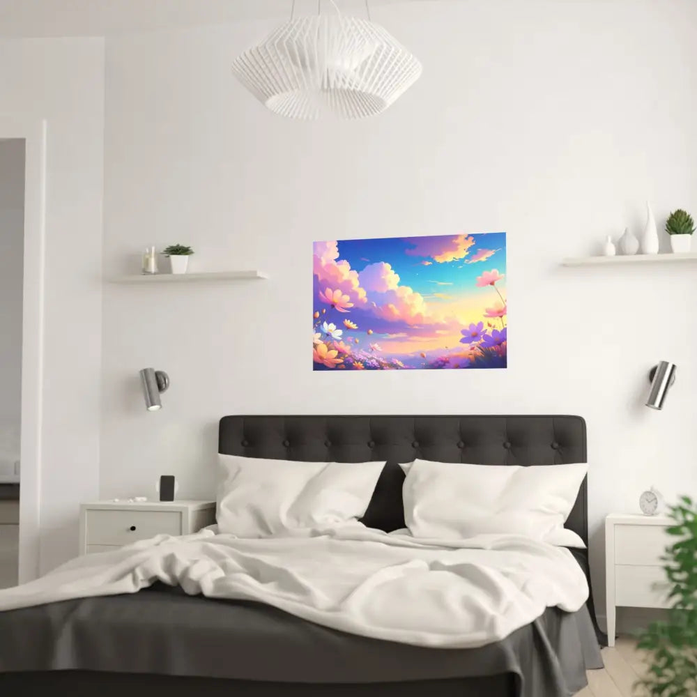 Ethereal Summer Sunset: Cosmos Flower Landscape Digital Painterly Illustration Poster Poster