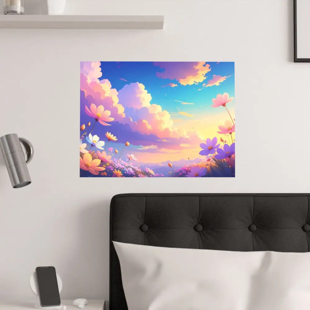 Ethereal Summer Sunset: Cosmos Flower Landscape Digital Painterly Illustration Poster Poster