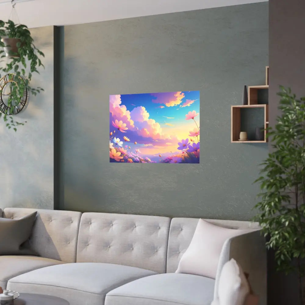 Ethereal Summer Sunset: Cosmos Flower Landscape Digital Painterly Illustration Poster Poster