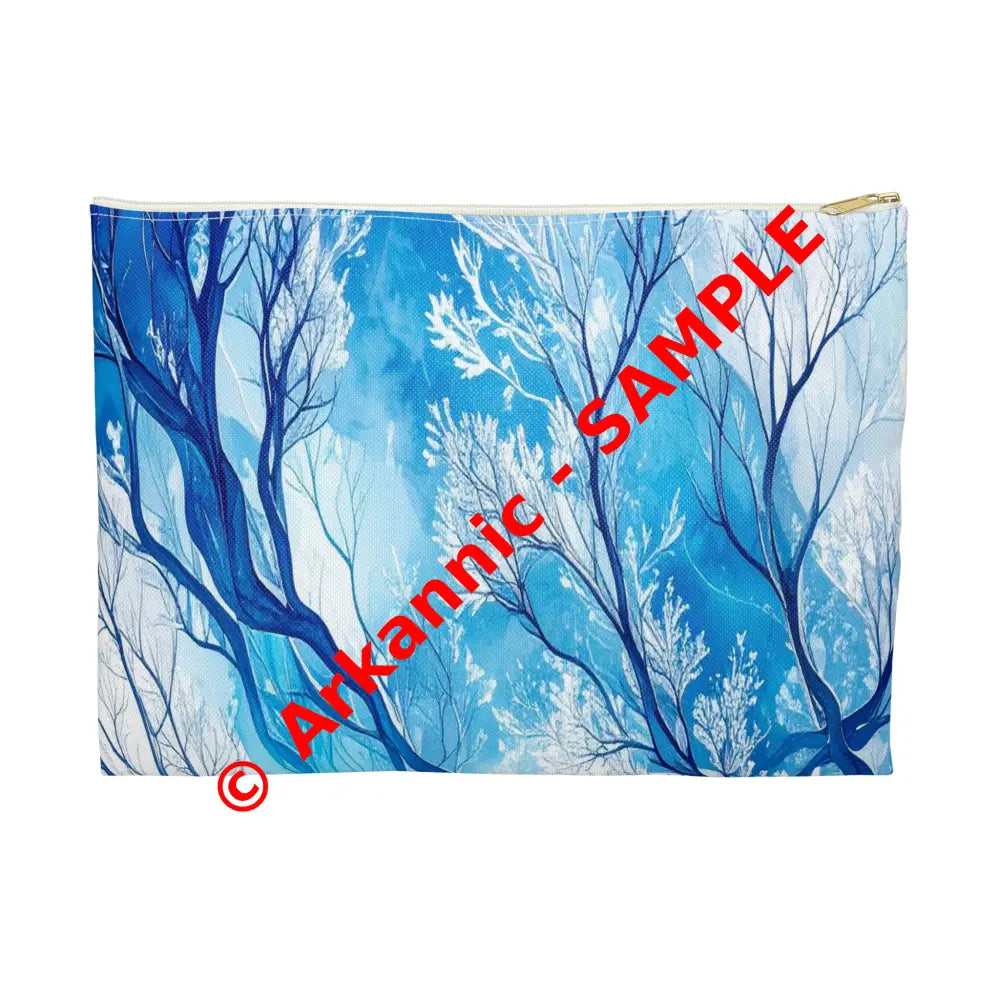 Ethereal Winter Nocturne: Fractal Blue Branches Misty Landscape Watercolor Accessory Pouch Large / White zipper Bags
