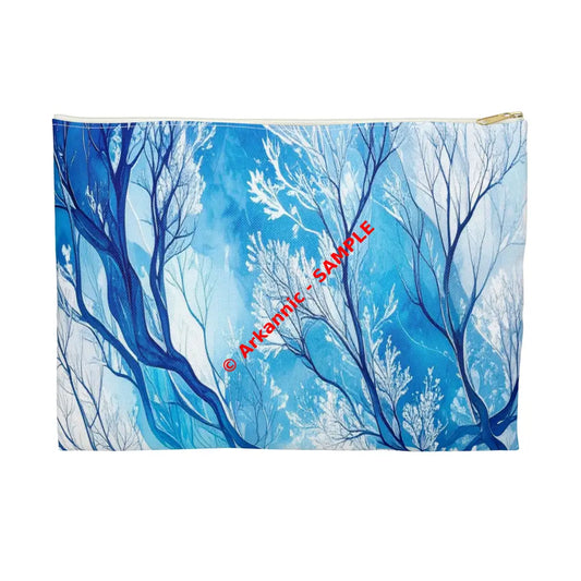 Ethereal Winter Nocturne: Fractal Blue Branches Misty Landscape Watercolor Accessory Pouch Large / White zipper Bags
